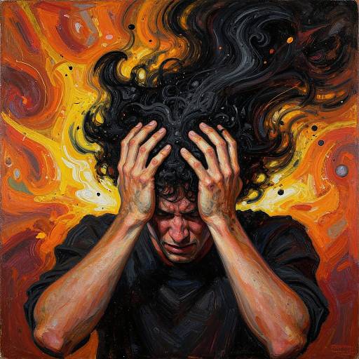 Vivid digital painting of a distressed man with black, swirling hair, hands covering his head, against a fiery orange and yellow background. Bold, expressive