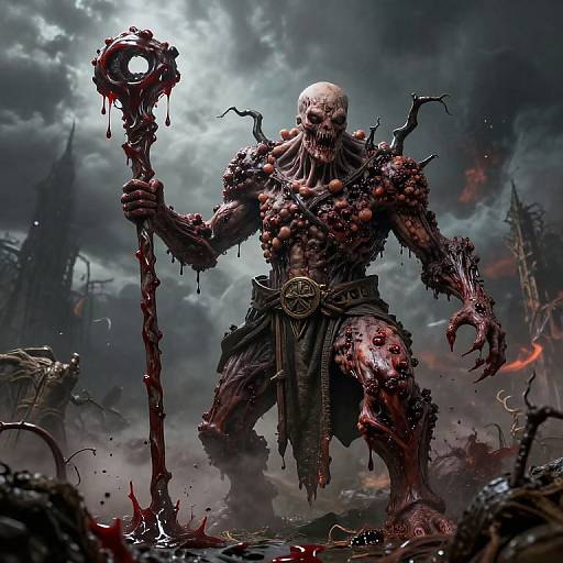 CGI fantasy artwork of a grotesque, blood-covered skeletal sorcerer with twisted, organic armor, holding a dripping staff, amidst a dark, fiery
