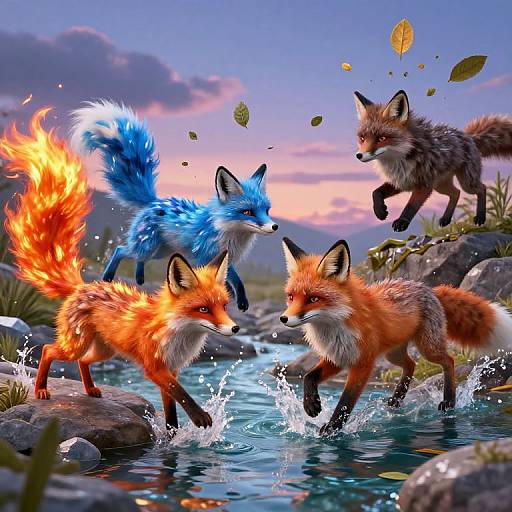 Elemental Foxes Play by Twilight River