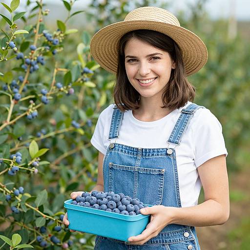 Photograph of a smiling young woman with dark brown hair, wearing a straw hat and denim overalls, holding a blue container of fresh blueberries in