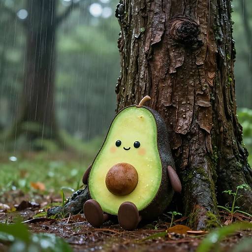 Cute Avocado Character in Rainy Forest