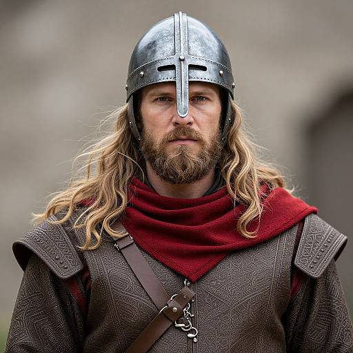 Photograph of a bearded man with long blonde hair, wearing a silver medieval helmet, red scarf, and brown patterned armor, with a blurred