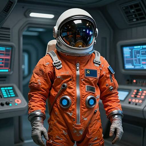 Photorealistic CGI of an astronaut in a bright orange spacesuit with a reflective helmet, standing in a futuristic control room with colorful panels and screens.