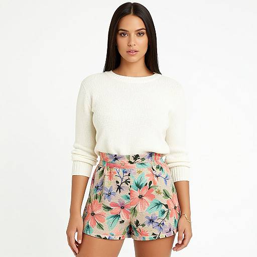 Photograph of a curvy, dark-haired woman in a white sweater and floral high-waisted shorts, standing against a plain white background.