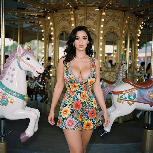 Photograph of a curvy woman with long black hair, wearing a low-cut, floral dress, standing between two colorful carousel horses.