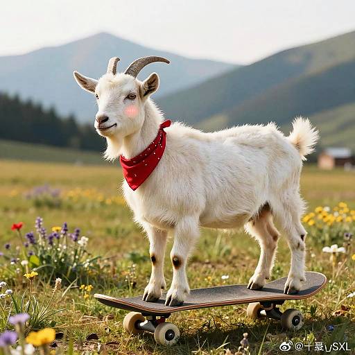 Clothed Goat on Skateboard in Pasture