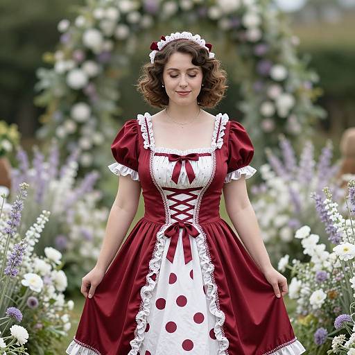 Photograph of a curvy, fair-skinned woman with curly brown hair, wearing a red and white polka dot maid dress, standing in a