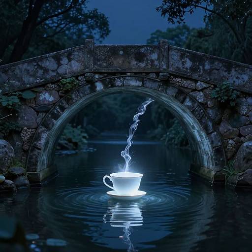 Photograph of glowing white cup with steam rising, floating in dark, calm water under a stone arched bridge at night.