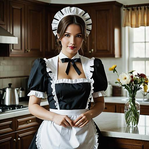 Woman in Classic Maid Outfit in Kitchen