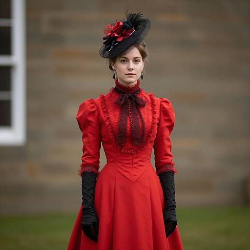 Photograph of a fair-skinned woman in a Victorian-style red dress, black gloves, and hat with red flower, standing in front of a brick
