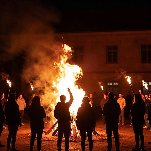 Nighttime Bonfire Gathering by Stone Building