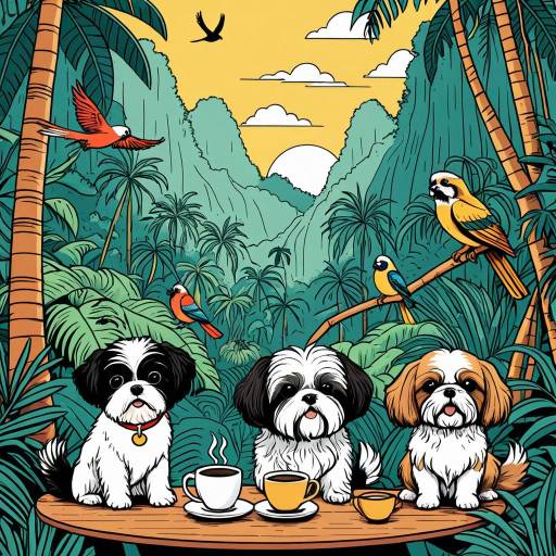 Shih Tzu Dogs Enjoying Coffee in Rainforest