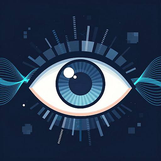 Digital art of a glowing blue and white eye with radiating lines, surrounded by dark blue geometric shapes and abstract patterns.