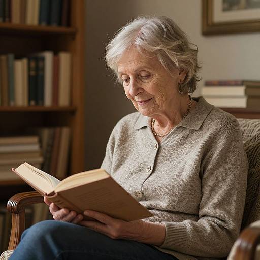 Photograph of an elderly white woman with short gray hair, wearing a beige cardigan, reading a book in a warmly lit, book-filled room.