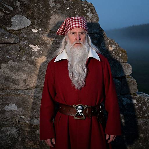 Photograph of an elderly white man with long white beard, wearing a red checkered hat, red robe with white collar, and belt, standing against