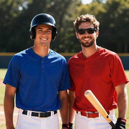 Two Male Baseball Players Standing Outdoors