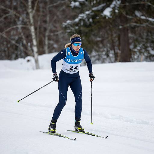 Photograph of a female cross-country skier in a blue and white bib, black outfit, and headband, skiing on snowy forest trail.
