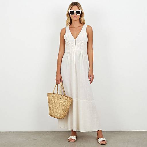 Photograph of a blonde woman in a white sleeveless V-neck dress, holding a woven tote bag, wearing white sandals and sunglasses.