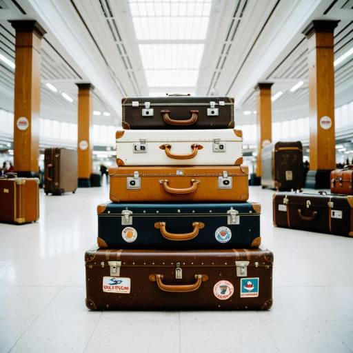 Stacked Vintage Suitcases in Airport Terminal