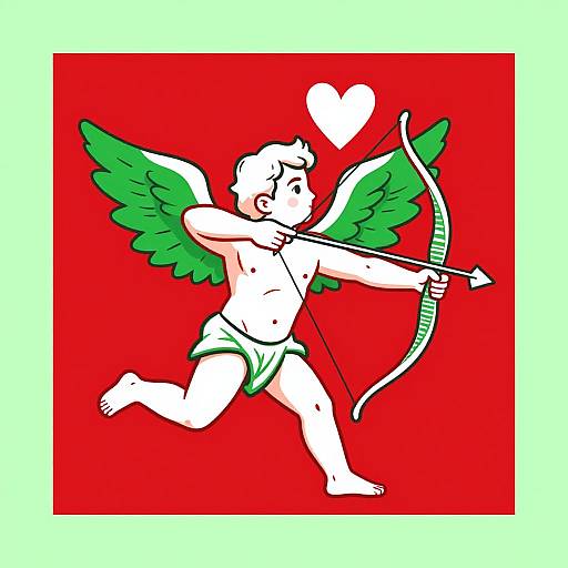 Cartoon cherub with green wings and bow, shooting arrow at white heart on red background, wearing green diaper. Digital art style.
