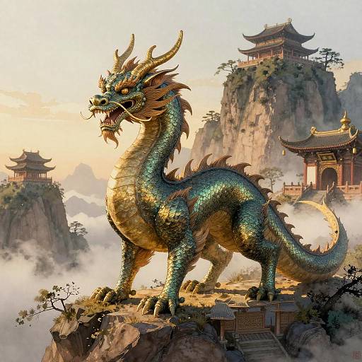 Mythical Dragon Near Ancient Mountain Temple