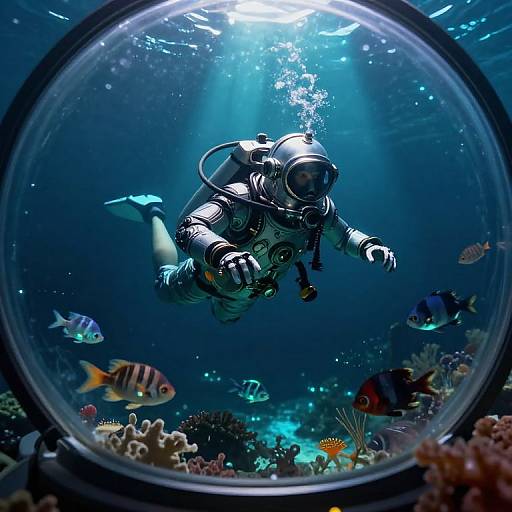 High-Tech Diver in Glowing Abyss