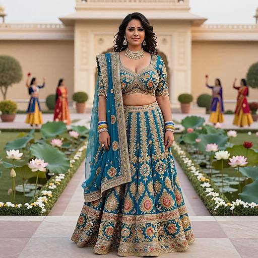 Photograph of a dark-haired woman in an ornate blue and gold traditional Indian bridal outfit, standing in a lush garden with lotus ponds, surrounded