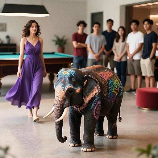 Vibrant Indoor Scene with Painted Elephant