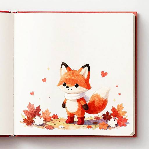 Watercolor Cartoon Fox with Autumn Leaves