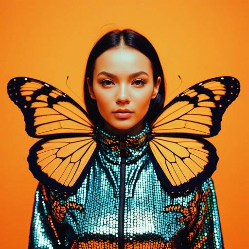 Woman with Monarch Butterfly Wings in Iridescent Outfit