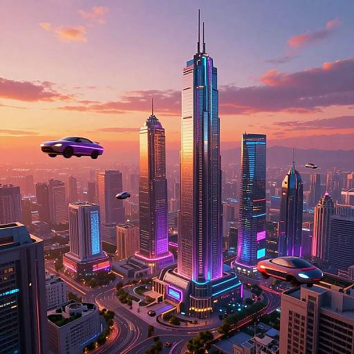 Futuristic cityscape at sunset, showcasing tall neon-lit skyscrapers with flying hovercars, vibrant purple and orange sky, and busy streets