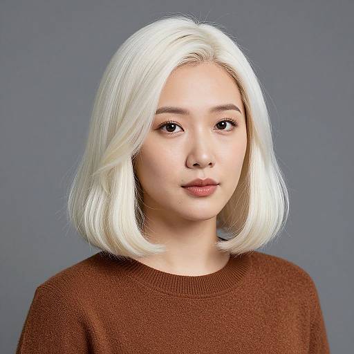Digital portrait of a young woman with white, shoulder-length bob hairstyle, light skin, wearing a brown sweater, against a gray background.