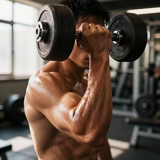 Photograph of a muscular, shirtless Asian man with wet, glistening skin, lifting a heavy black dumbbell in a bright gym.