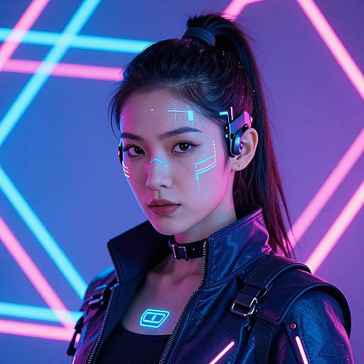 Digital art of an Asian woman with neon cybernetic face markings, high ponytail, black leather jacket, and glowing headset, against a neon pink