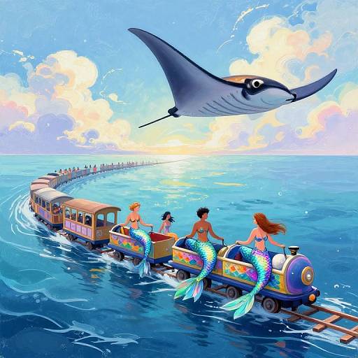 Colorful digital illustration of a whimsical train on water with mermaid girls, a flying manta ray, and a bright blue ocean background. Vibr
