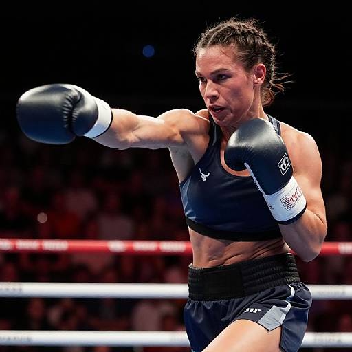Photograph of a muscular female boxer with dark hair in a bun, wearing black athletic gear, throwing a powerful punch in a brightly lit boxing ring.
