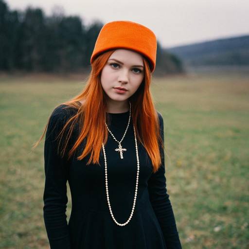 Young woman in orange hat and black dress outdoors