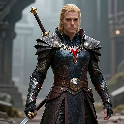 Photorealistic CGI of a stern, blonde, armored warrior with a red emblem, holding a sword, standing in a foggy, medieval courtyard.
