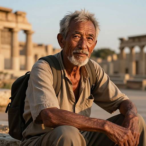 Photograph of an elderly Indian man with gray hair and beard, wearing a beige shirt and backpack, sitting outdoors in front of ancient stone ruins at sunset