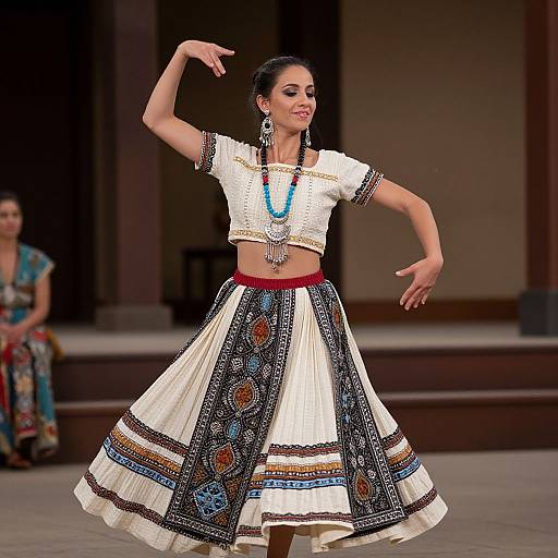 Photograph of a smiling woman dancing in traditional Mexican attire, white embroidered blouse, red sash, and colorful skirt, wearing large silver earrings and turquoise