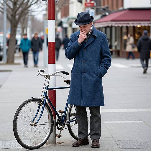 Photograph of elderly man in blue coat and hat, standing on urban street, talking on phone, with bicycle by red pole.