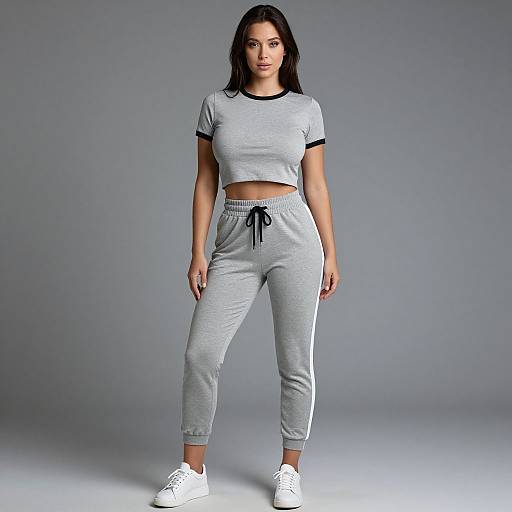 Photograph of a young woman with long black hair, light skin, wearing a gray crop top and matching jogger pants, white sneakers, standing against