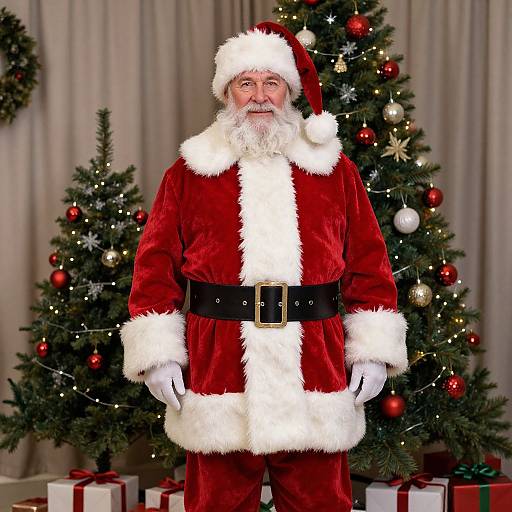 Photograph of a Santa Claus in a red velvet suit with white fur trim, black belt, standing in front of two decorated Christmas trees and wrapped presents