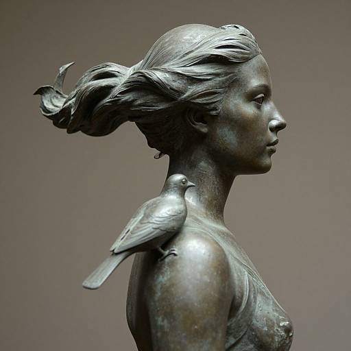 Bronze sculpture of a young girl with flowing hair, wearing a simple top, with a small bird perched on her shoulder.