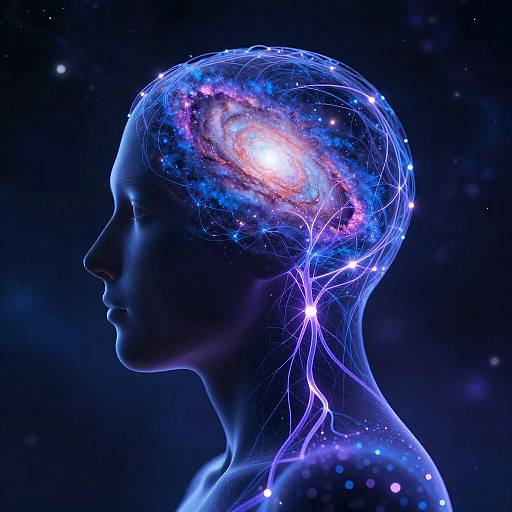 Digital art of a silhouetted human head with a glowing, cosmic brain filled with vibrant galaxies and stars against a dark background.