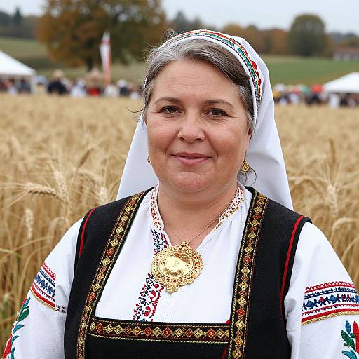 Photograph of a middle-aged woman with gray hair, wearing traditional white and black embroidered dress with gold pendant, standing in a golden wheat field. Sm