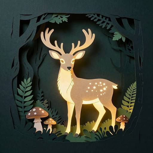 Digital illustration of a glowing, illuminated deer with antlers, surrounded by dark forest, ferns, and two red-capped mushrooms.