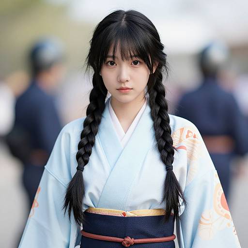 Photograph of a young Asian woman with black braids, wearing a white kimono with orange floral patterns, and a black obi belt, standing