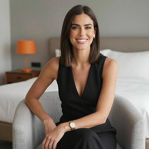 Smiling Woman in Modern Bedroom