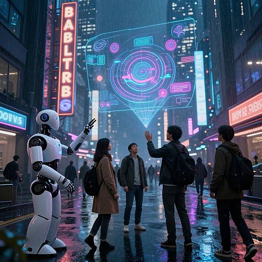 Cyberpunk city street at night: Robot with white and black body, glowing neon hologram, people in coats, wet pavement, vivid neon signs